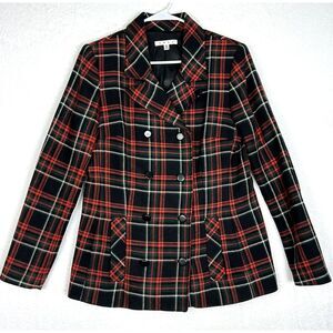 CABI #165 Manhattan Tartan Plaid Double Breasted Pea Coat Sz 8 Wool Blend Blazer